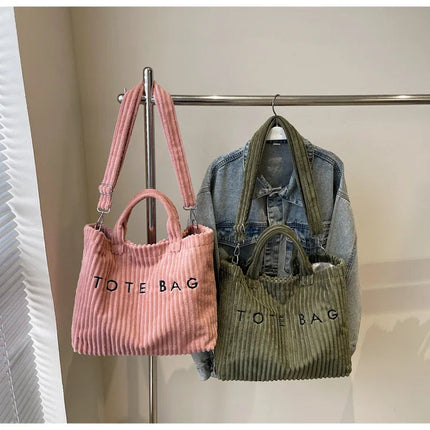 Large Capacity Striped Velvet Handbag Shoulder Bag for Woman Handbags Crossbody Bags, Versatile Letter Corduroy Women's Tote Bag PlatiNum