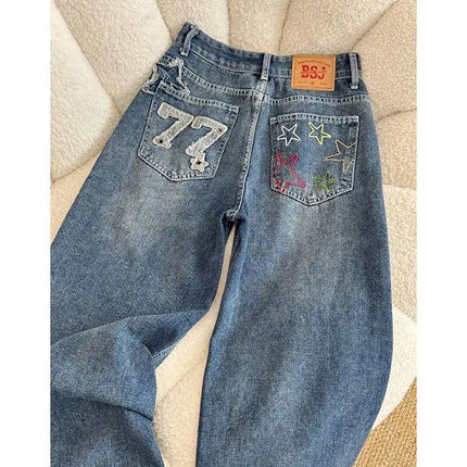 Jeans in denim a vita alta a gamba larga stile street americano con ricamo a stella, nuovo design da donna, pantaloni lunghi dritti e larghi