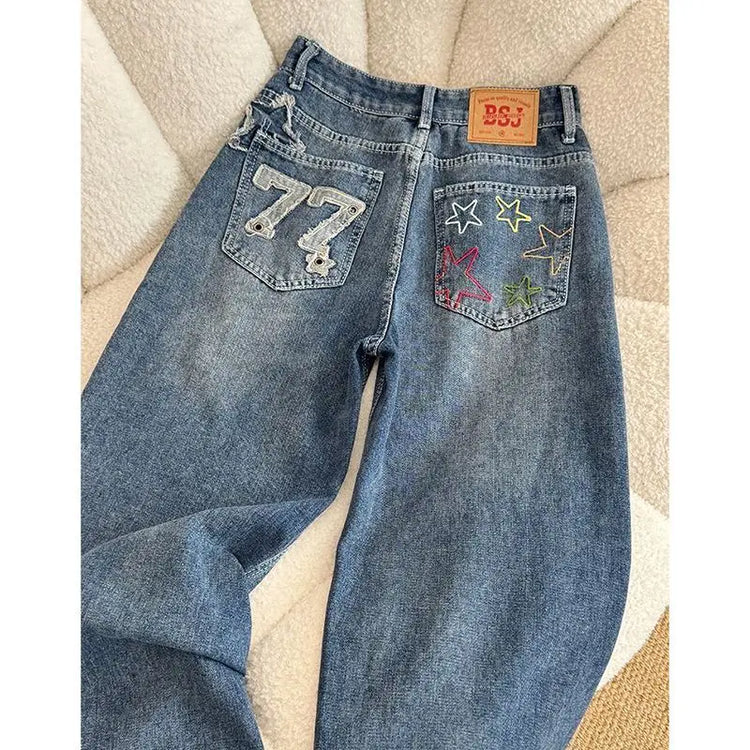 Jeans in denim a vita alta a gamba larga stile street americano con ricamo a stella, nuovo design da donna, pantaloni lunghi dritti e larghi