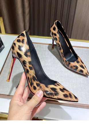 2025 New High Heels Women's Thin Heel French Sexy Leopard Pattern Internet Red Single Shoe 12CM Large Widening Thin Heel PlatiNum