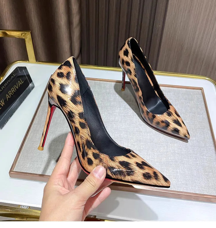 2025 New High Heels Women's Thin Heel French Sexy Leopard Pattern Internet Red Single Shoe 12CM Large Widening Thin Heel PlatiNum