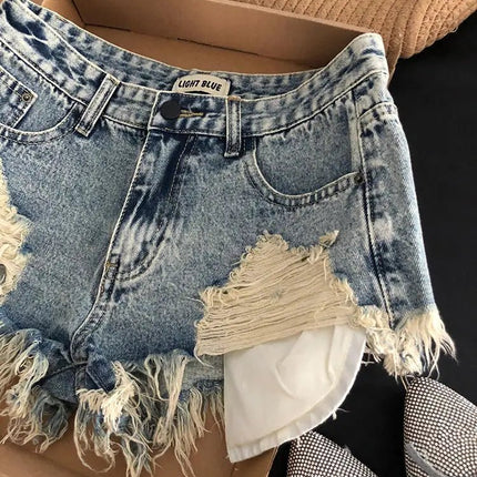 Shorts in Jeans Strappati da Donna, Design Retrò con Tasche e Bordi Sfrangiati, Stile Y2k, Aderenti e Super Corti - platinumshop