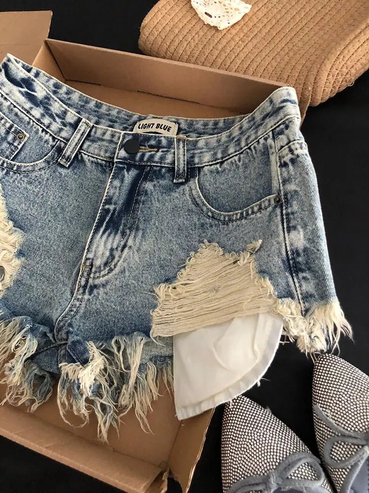 Shorts in Jeans Strappati da Donna, Design Retrò con Tasche e Bordi Sfrangiati, Stile Y2k, Aderenti e Super Corti - platinumshop