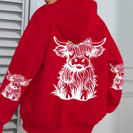 Cute Hair Cow Cartoon Printing Hoodies Womens Fleece Autumn Streetwear Comfortable Casual Hoodie Y2K Pocket All-Match Hoody