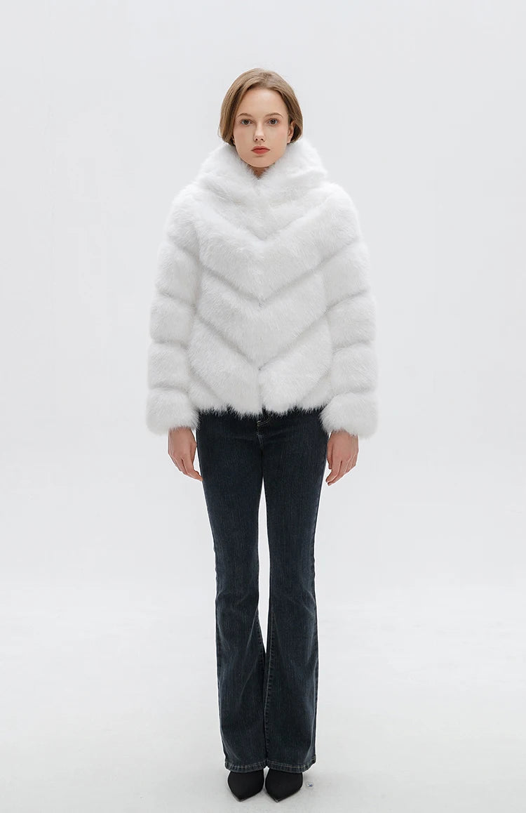 ZADORIN Fashion Hooded Splicing Fluffy Jacket Women Winter Long Sleeve White Faux Fur Coat Woman Clothing New in Coats & Jackets