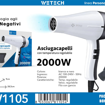 WETECH 2000W Professional Negative Ionic Hair Dryer Adjustable Temperature Speed Blow Dryer With Concentrator Nozzle Home Salon Hair Styling Tool 100-240V Dual Voltage