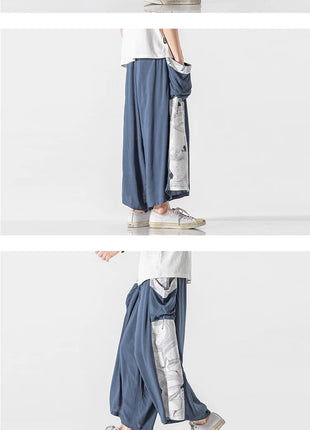 Men's Summer Harajuku Harem Pants Cotton Linen Joggers Mens Calves Length Loose Vintage Japanese Ukiyo-e Print Pants