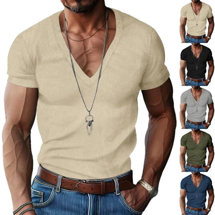 Men's European and American Summer Corduroy Solid Color Slim Casual V-Neck T-Shirt Amazon