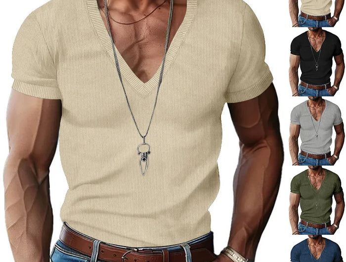 Men's European and American Summer Corduroy Solid Color Slim Casual V-Neck T-Shirt Amazon