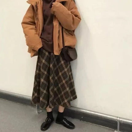 Leisure High Waist Retro Plaid Skirt Slim Fit Classical High Waist Long Skirt Aesthetic Preppy Style A-line Half Dress Girls PlatiNum