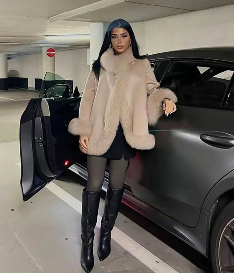 ZADORIN Elegant White Woolen Cape Faux Fur Coat Woman Fur Trim Loose Plush Fur Jacket Woman 2025 Winter Fur Faux Coat Outerwears