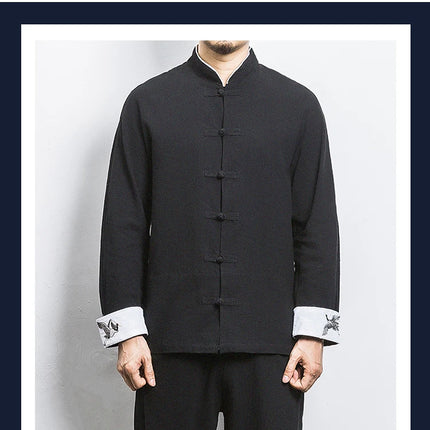 Nuovo gru ricamo top abbigliamento tradizionale cinese per uomo camicie vintage in lino a mezza manica colletto Madarin solido Hanfu Kungfu