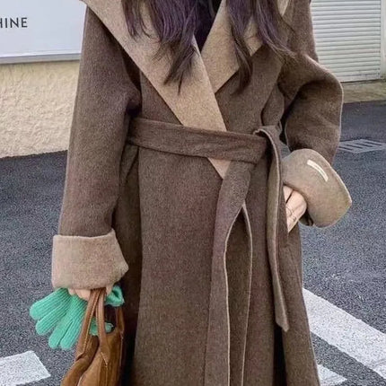 UCXQ Color Blocked Double Sided Wool Coat For Women Hooded Long Sleeved Belt Cardigan Coats 2025 Autumn Winter New Tide 23Z3934