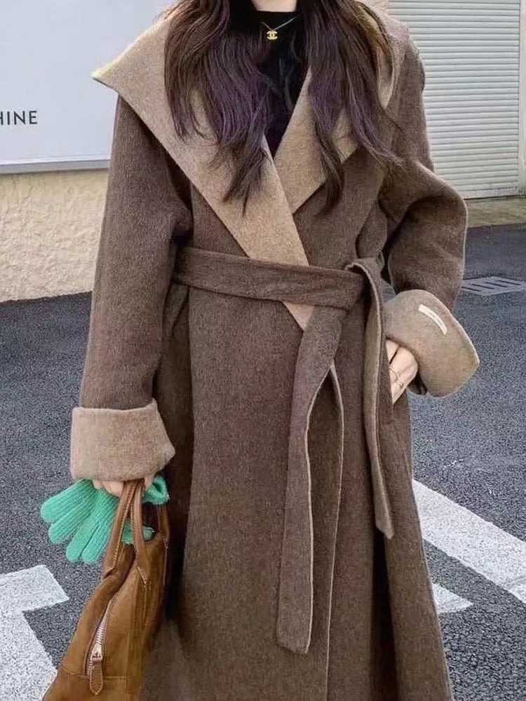 UCXQ Color Blocked Double Sided Wool Coat For Women Hooded Long Sleeved Belt Cardigan Coats 2025 Autumn Winter New Tide 23Z3934