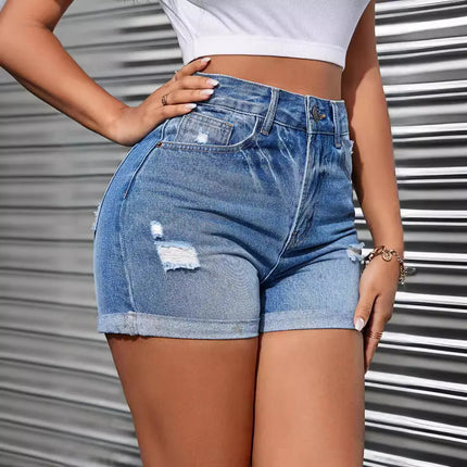 Denim Shorts Women Distressed Hole Jeans Washing High Waist Pockets Solid Vintage Short Pants Office Lady Casual 2025 Summer PlatiNum