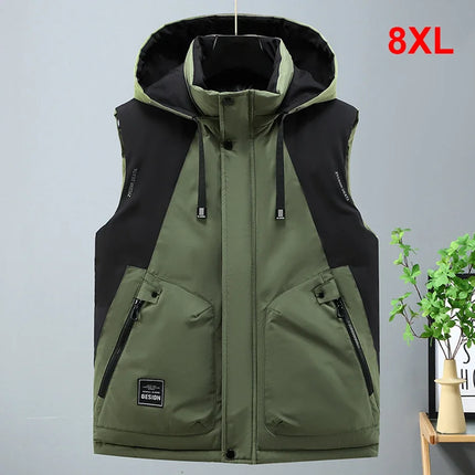 Autumn Winter Thick Vest Men Plus Size 8XL Cargo Vests Patchwork Sleeveless Jacket Fashion Casual Hooded Vest Male