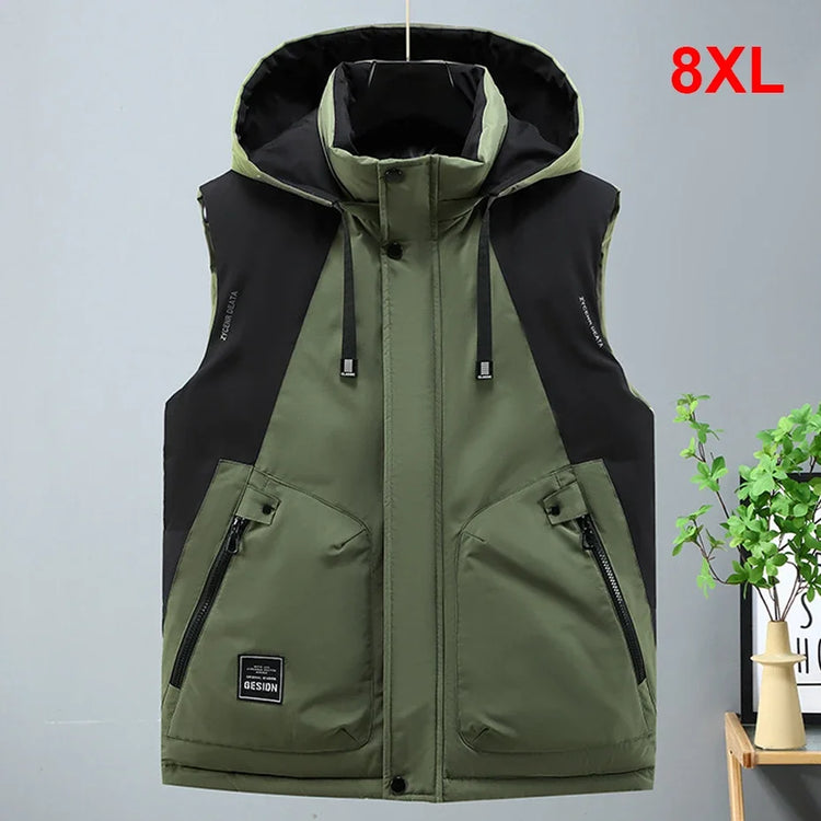 Autumn Winter Thick Vest Men Plus Size 8XL Cargo Vests Patchwork Sleeveless Jacket Fashion Casual Hooded Vest Male