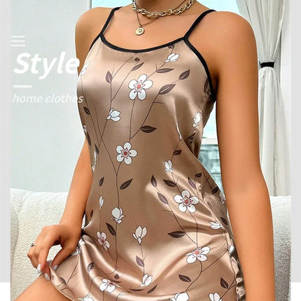 Women's Nightwear Summer Floral Print Satin Nightgown Casual Sleeveless Backless Nightdress Sexy Nightwear Home Clothes