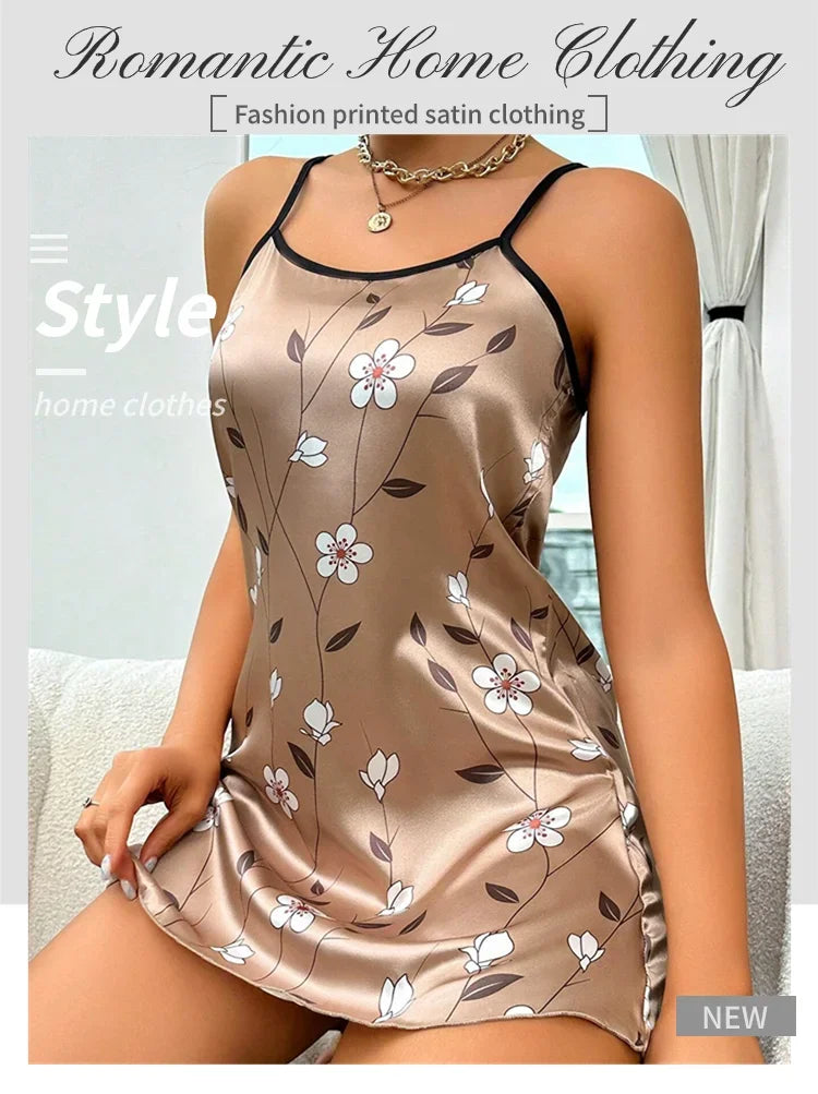 Indumenti da notte da donna Camicia da notte estiva in raso con stampa floreale Camicia da notte casual senza maniche senza schienale Camicia da notte sexy Abiti per la casa