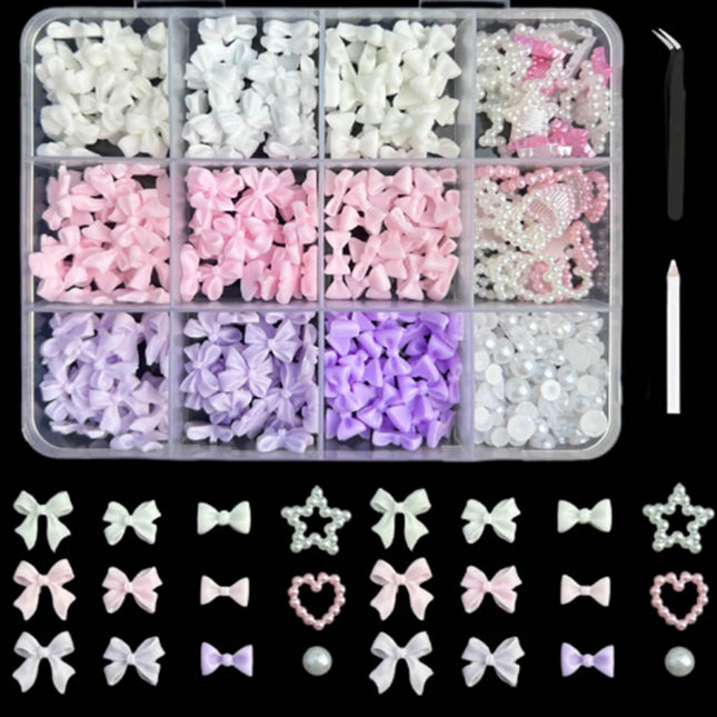 12Grids/Box Mixed Resin Bowknot Nail Charms 3D Colorful Bow Kawaii Rhinestone Nail Art Decorations DIY Manicure Parts Pen Tweeze