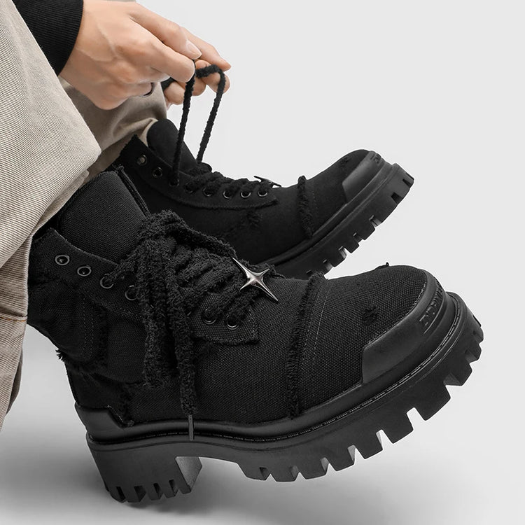 Four cornered star thick soled men high top boots European American anti kick height increasing anti slip retro motorcycle boots