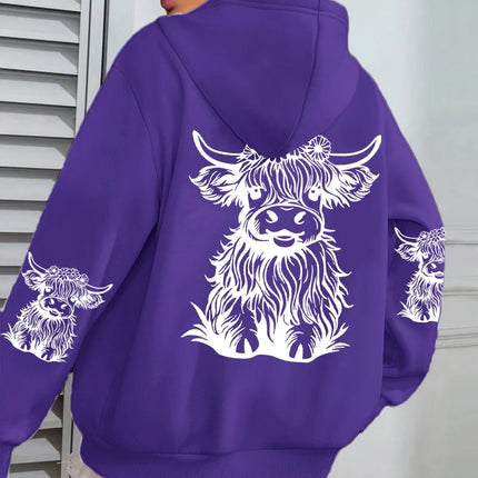 Cute Hair Cow Cartoon Printing Hoodies Womens Fleece Autumn Streetwear Comfortable Casual Hoodie Y2K Pocket All-Match Hoody