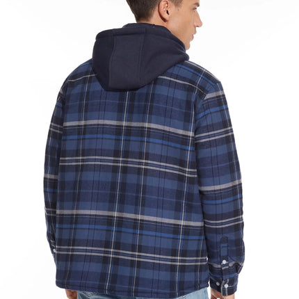 TACVASEN Men's Flannel Shirt Jacket with Removable Hood Plaid Quilted Lined Winter Coats Thick Hoodie Outwear Man Fleece Shirts