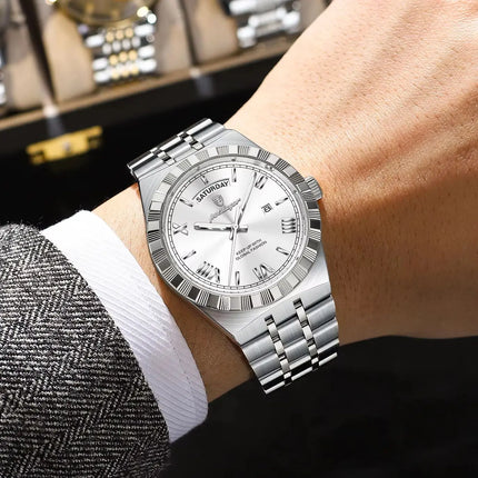 POEDAGAR Fashion Male Clock Luminous Waterproof Week Date Creative Men Watch Stainless Steel Quartz Business Men's Watches Reloj