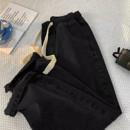 Loose Fit Men's Elastic Waist Jeans with Rope 9-Tenths Straight Leg Korean Style Trendy Versatile Large Size Nine-Piece Pants PlatiNum