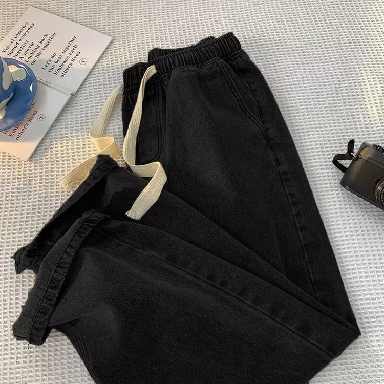 Loose Fit Men's Elastic Waist Jeans with Rope 9-Tenths Straight Leg Korean Style Trendy Versatile Large Size Nine-Piece Pants PlatiNum