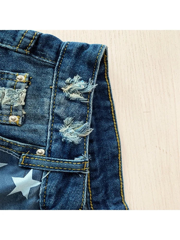 Pantaloncini di jeans con stampa stelle e nappe con bandiera americana estiva da donna Pantaloncini di design con nappe alla moda Pantaloncini casual versatili