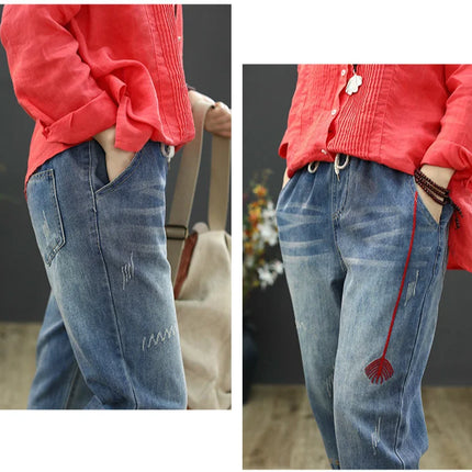 AmaxluluE Jeans larghi strappati da donna alla moda estiva Pantaloni in denim ricamati per il tempo libero da donna Pantaloni Harem elastici da donna vintage
