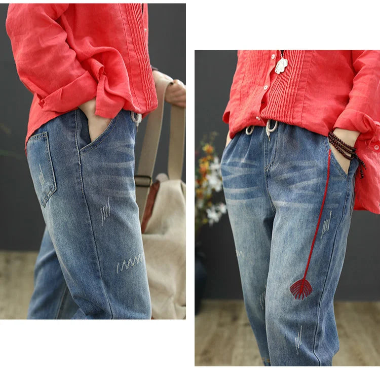 AmaxluluE Jeans larghi strappati da donna alla moda estiva Pantaloni in denim ricamati per il tempo libero da donna Pantaloni Harem elastici da donna vintage