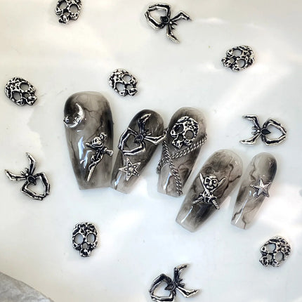 50pcs Mix Design Skull Cross Spider Nail Charms 3D Silver Bone Cross Halloween DIY Nail Art Decoration
