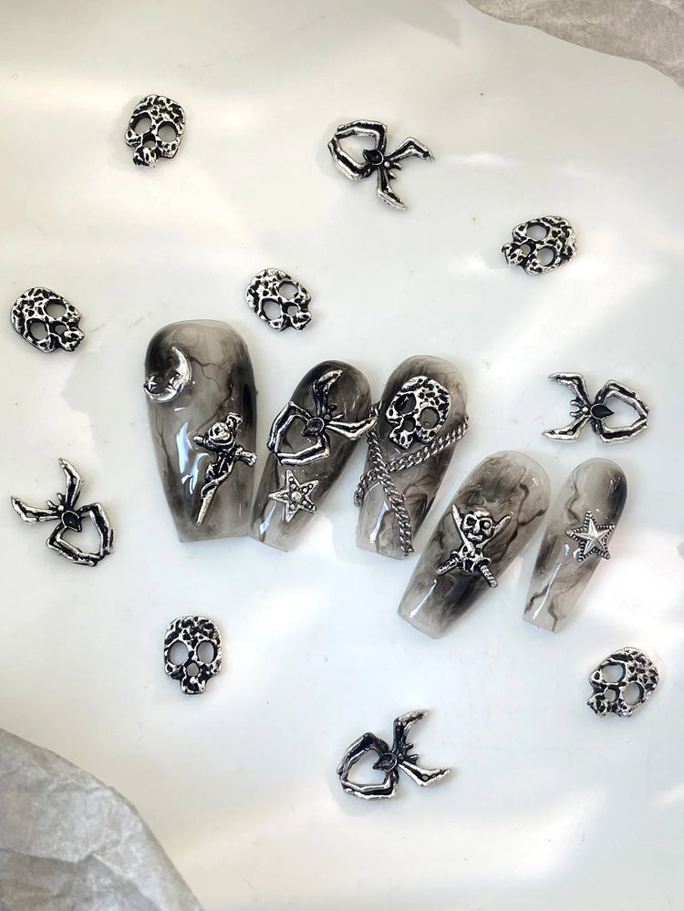 50pcs Mix Design Skull Cross Spider Nail Charms 3D Silver Bone Cross Halloween DIY Nail Art Decoration