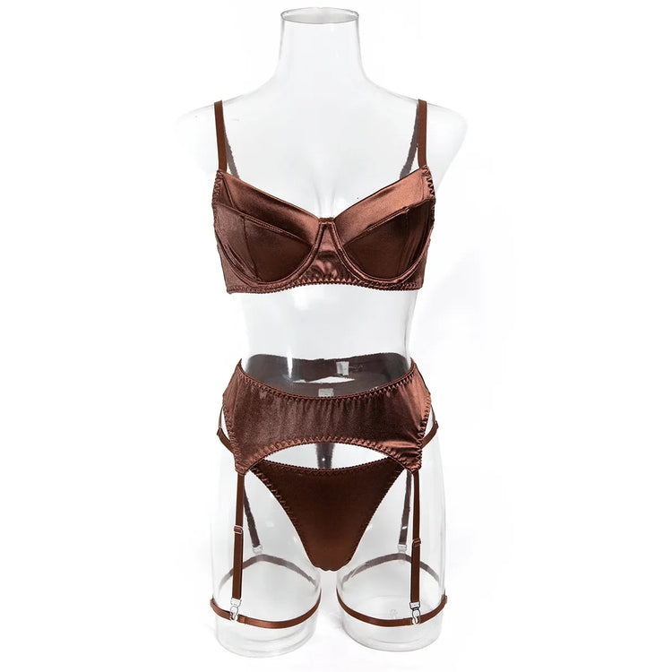 Ellolace Elegant Women's Lingerie Sets Premium Satin Solid Bra 5PC Sexy Daily Youth Hot Girl's Underwear Private Party Costume