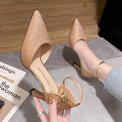Bling Gold Silver Women Pumps 2023 Sexy Point Toe Thin Heel Party Wedding Shoes Womens Summer Ankle Strap 8cm High Heels Shoes PlatiNum