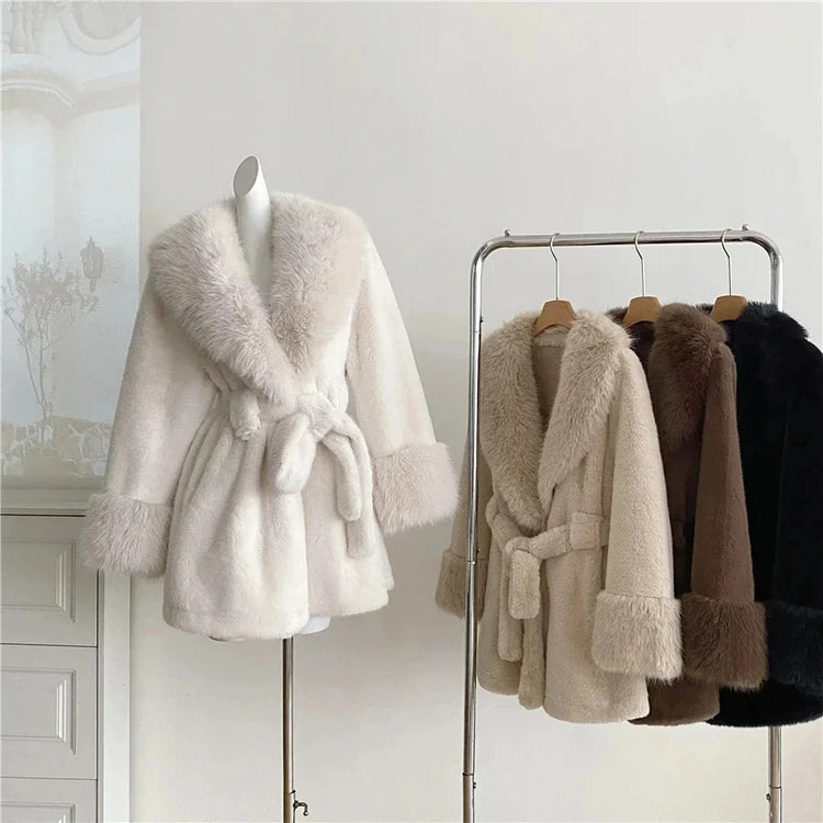 Winter Luxury Women Faux Furs Jackets Coats With Belt Elegant Waist Hugging Slimming Fur Big Collar Thickened Warm Outerwear