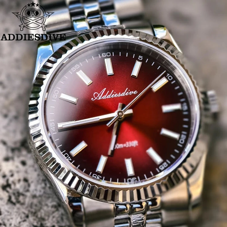 ADDIESDIVE Men Watch 36mm New Quartz Wristwatch AD2073 Sapphire Sunburst Dive 100m Waterproof BGW9 Luminous Dress Watch for Men