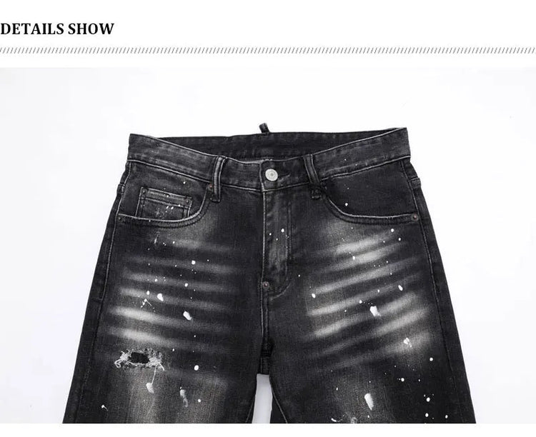 Street Designer Fashion Men Jeans High Quality Retro Black Gray Stretch Slim Fit Ripped Jeans Men Brand Vintage Y2K Denim Pants PlatiNum