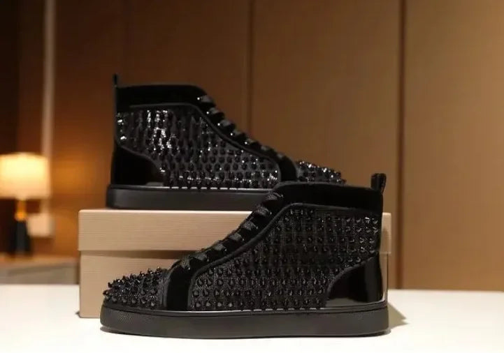 Black Studded Leather Rivets High-Top Sneakers Classic Designer Style Round Toe Men's Sports Shoes Comfort Lace-Up Casual Shoes
