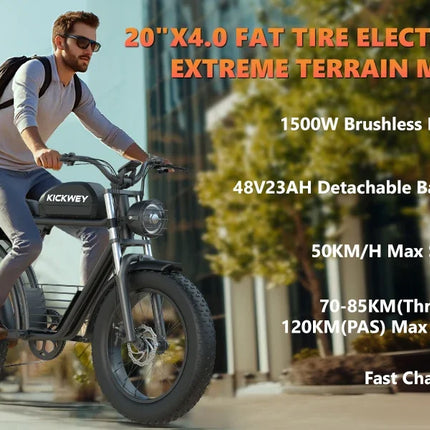 Bicicletta Elettrica KICKWEY K7 Peak 1500W 48V 18.2Ah con Pneumatici Larghi Fuoristrada 20x4.0, Cambio a 7 Velocità, Consegna Rapida, Velocità Massima di 55 Km/h e Autonomia di 100 Km