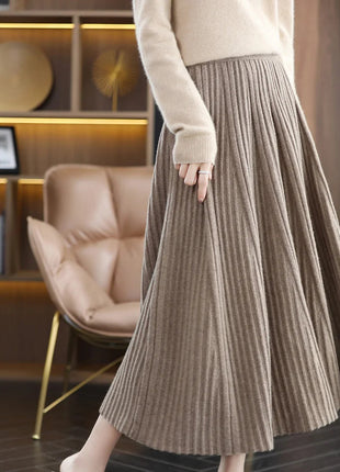 100% Merino Wool Women’s Knitted Skirt Spring Autumn Winter  Long Pleated Grace Skirts High Waist A-Line Cashmere Comfortable PlatiNum