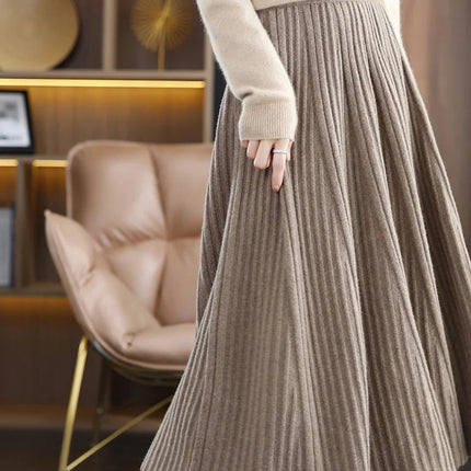 100% Merino Wool Women’s Knitted Skirt Spring Autumn Winter  Long Pleated Grace Skirts High Waist A-Line Cashmere Comfortable PlatiNum