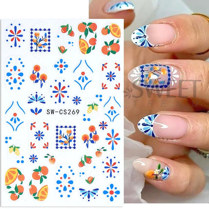 3/5pcs 3D Blue Fruit Bohemian Nail Sticker Cartoon Lemon Orange French Floral Petals Lines Leaves DIY Summer Manicure Decoration
