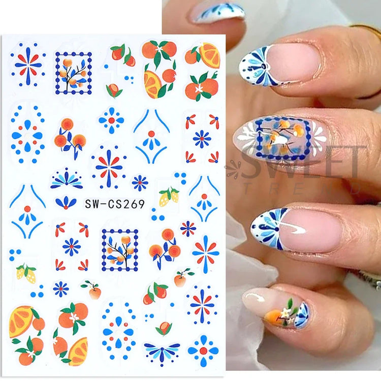 3/5pcs 3D Blue Fruit Bohemian Nail Sticker Cartoon Lemon Orange French Floral Petals Lines Leaves DIY Summer Manicure Decoration