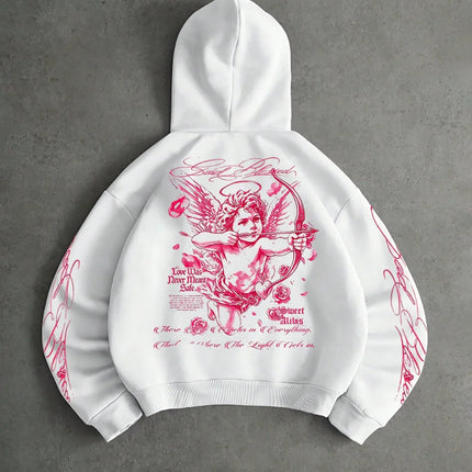 Y2K Cupid Angel Cropped Hoodie Unisex Pink Gothic Graphic Back Sleeve Print Short Pullover Sweatshirt Streetwear Autumn Winter