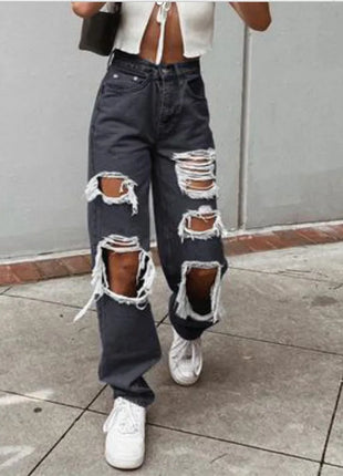 Jeans in denim effetto consumato da donna Pantaloni a tubo larghi casual dritti con foro strappato Street Style