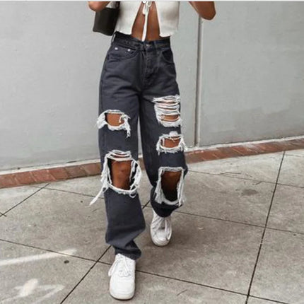 Jeans in denim effetto consumato da donna Pantaloni a tubo larghi casual dritti con foro strappato Street Style