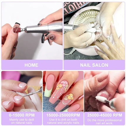 LIMEGIRL 45000RPM Electric Nail Drill Polisher Rechargeable Portable Electric Nail File Machine Kit for Home Acrylic Gel Nails Polishing